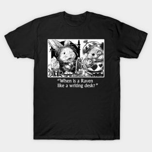 Wonderland - Tea Party - When is a Raven Like a Writing Desk - White Outlined Version T-Shirt